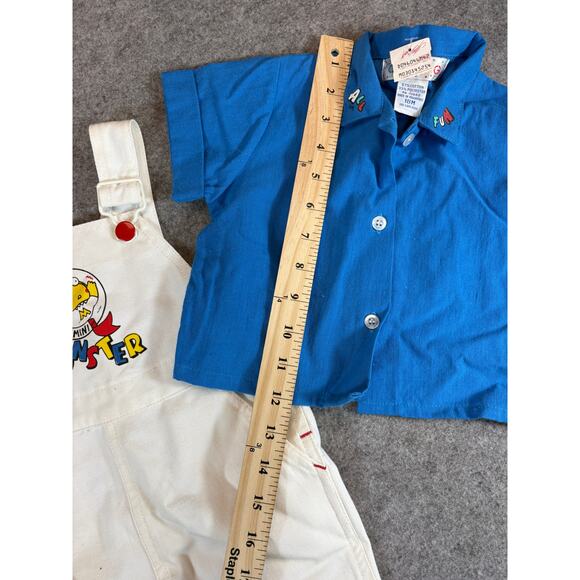 VINTAGE 90s Offspring Mini Monster Overalls Shirt Set Toddler 18M White Blue NWT - Picture 4 of 8